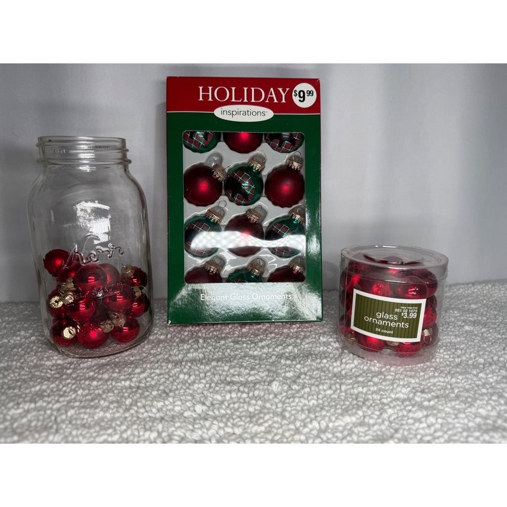 Mini Glass Christmas Ornaments Lot Holiday Inspirations Plaid Bear Kerr Jar Red